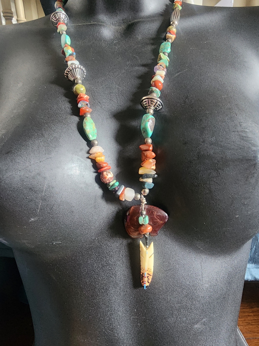 Boho Multicolor Feather Bear Pendant Necklace with Turquoise and Coral Accents - Picture 3 of 8